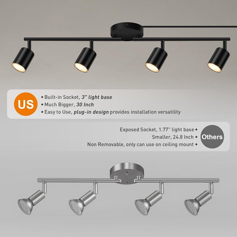 AUQUEE Plug in Track Lighting, LED Track Lighting Fixtures Ceiling, Black 4-Light Kitchen Light Kit, Plug in Wall Light with 14.8ft Power Cord, Rotatable Ceiling Spotlight for Bedroom(GU10 Socket, NO Bulb) - Image 3